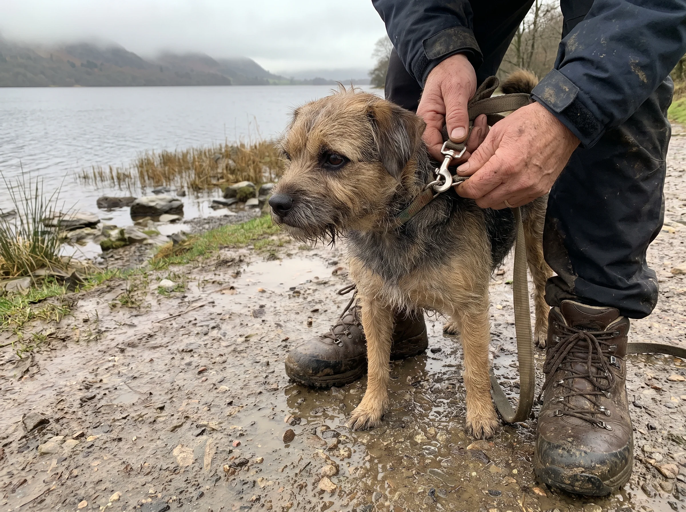 Muddy boots and hands clipping a lead onto a dog's collar on a stony shore path, with a flat silver lake behind
