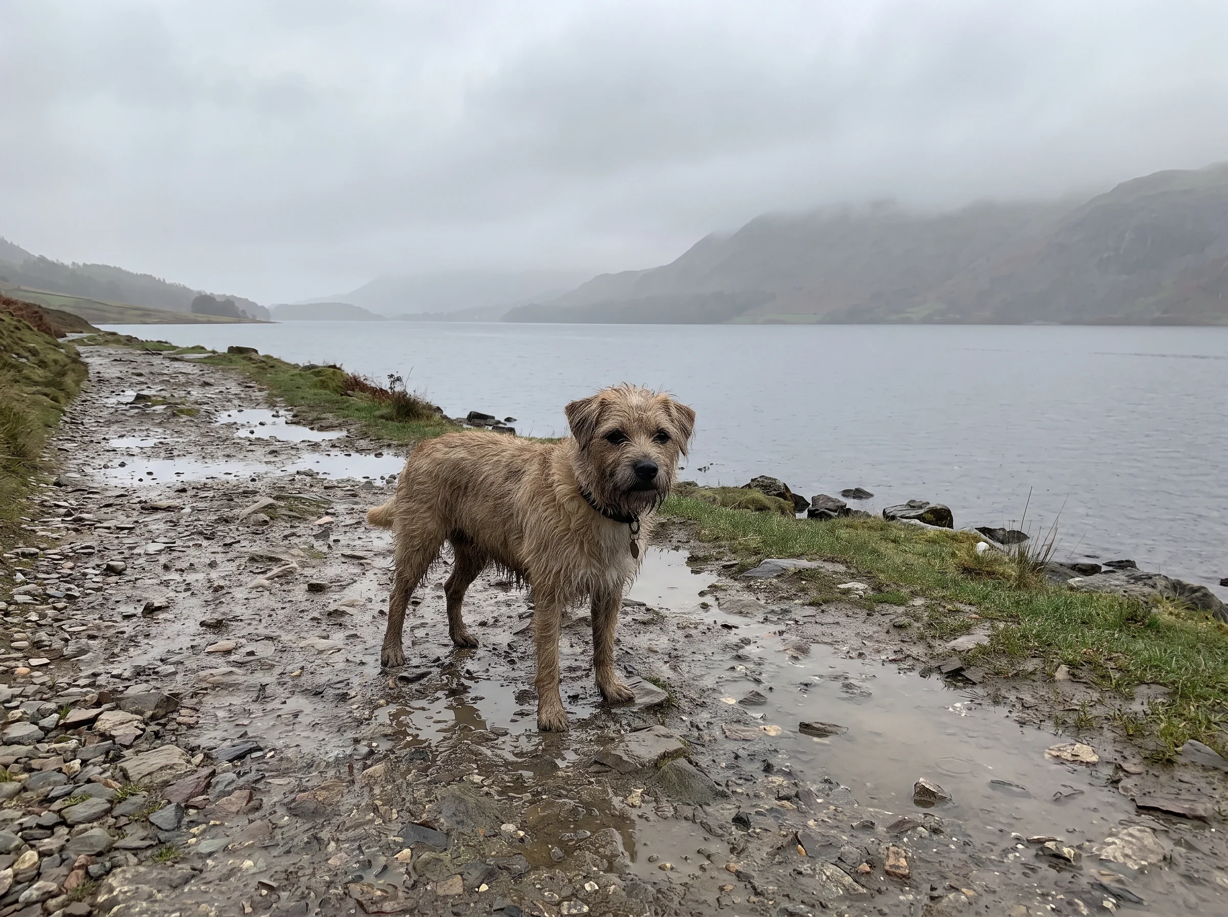 A single dog standing on a stony shore path looking out over a flat grey lake with nobody else around