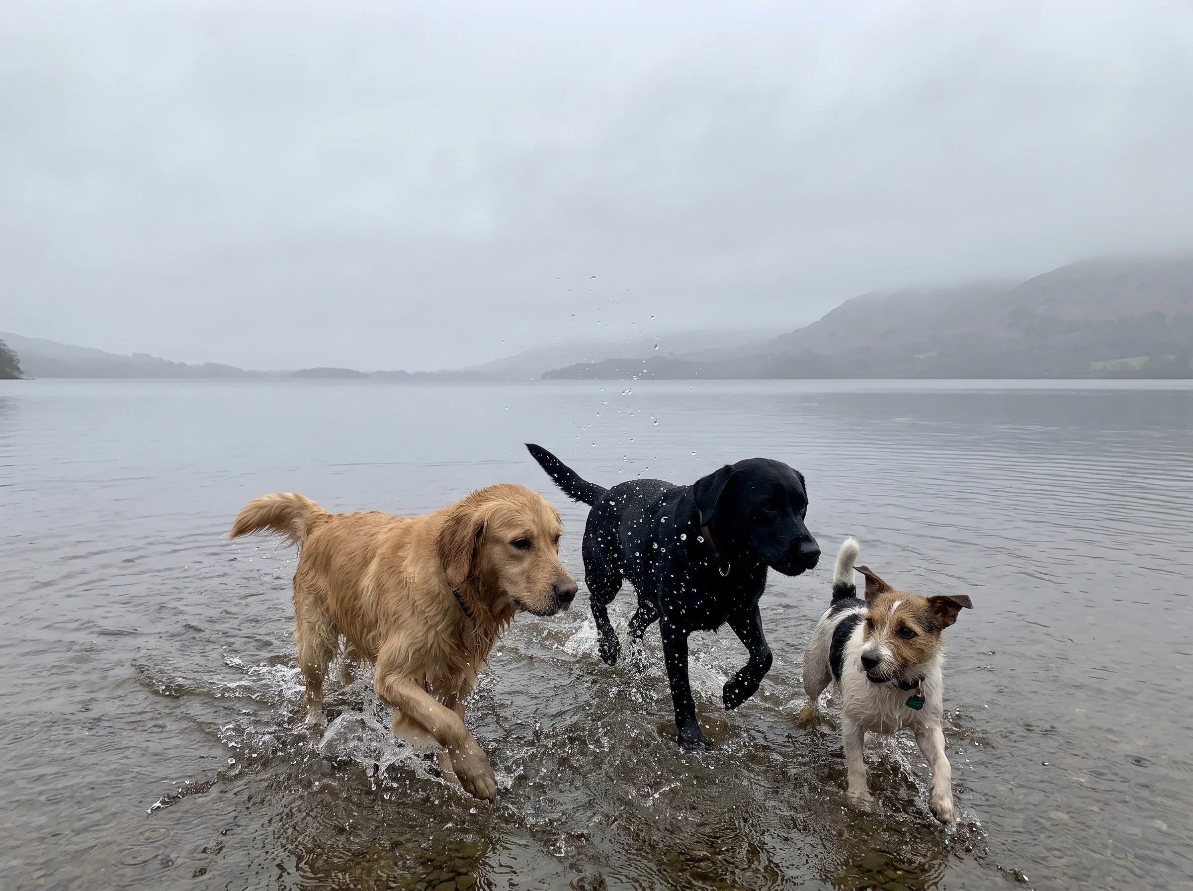 Three dogs splashing through the shallows of a flat grey lake with cloud on the far fell