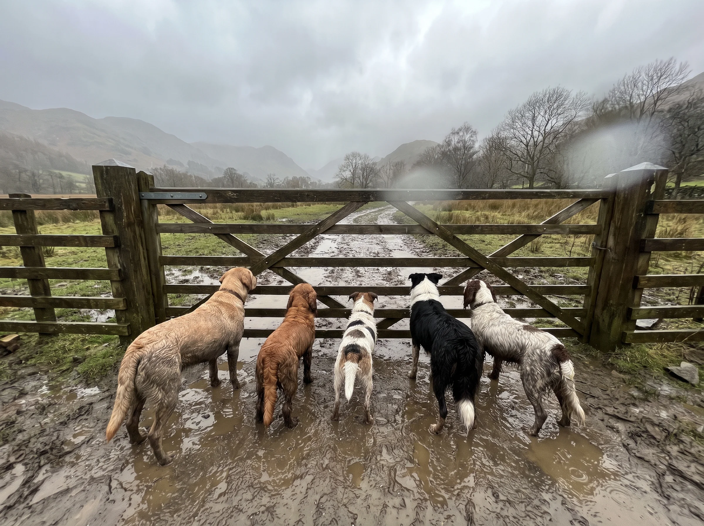Muddy dogs waiting in a bunch at a wooden gate on a wet stony track