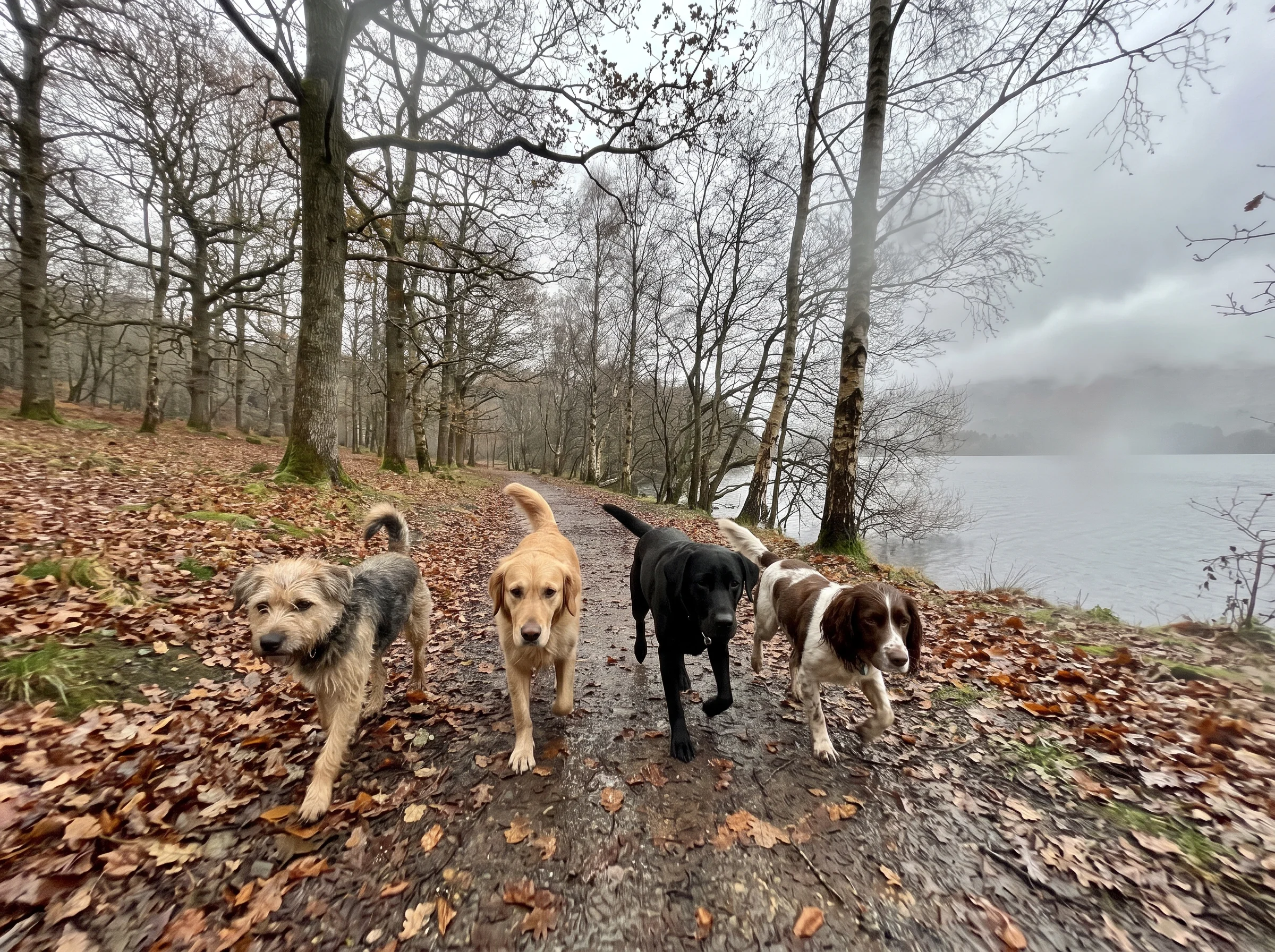 Dogs trotting ahead along a tree-lined lakeshore path with the grey lake showing between the trunks