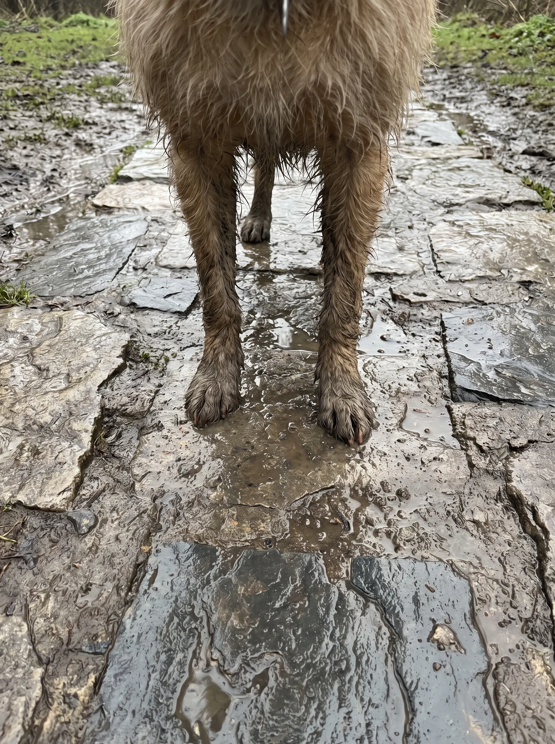A dog's four mud-caked legs on a wet grey stone path, seen from directly above
