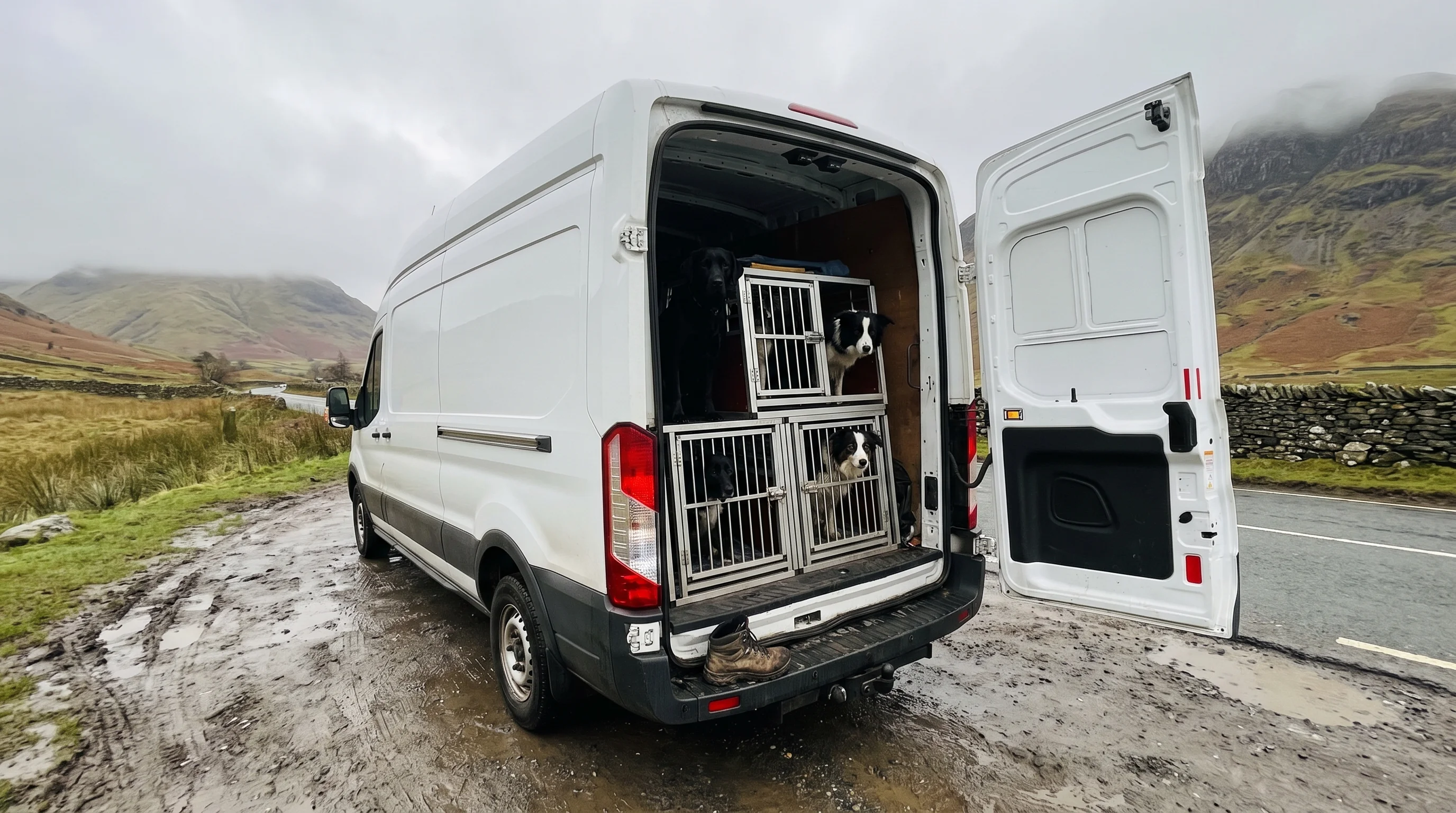 A work van in a lay-by under a grey fell with its rear doors open, dogs looking out from travel crates and a muddy boot on the step