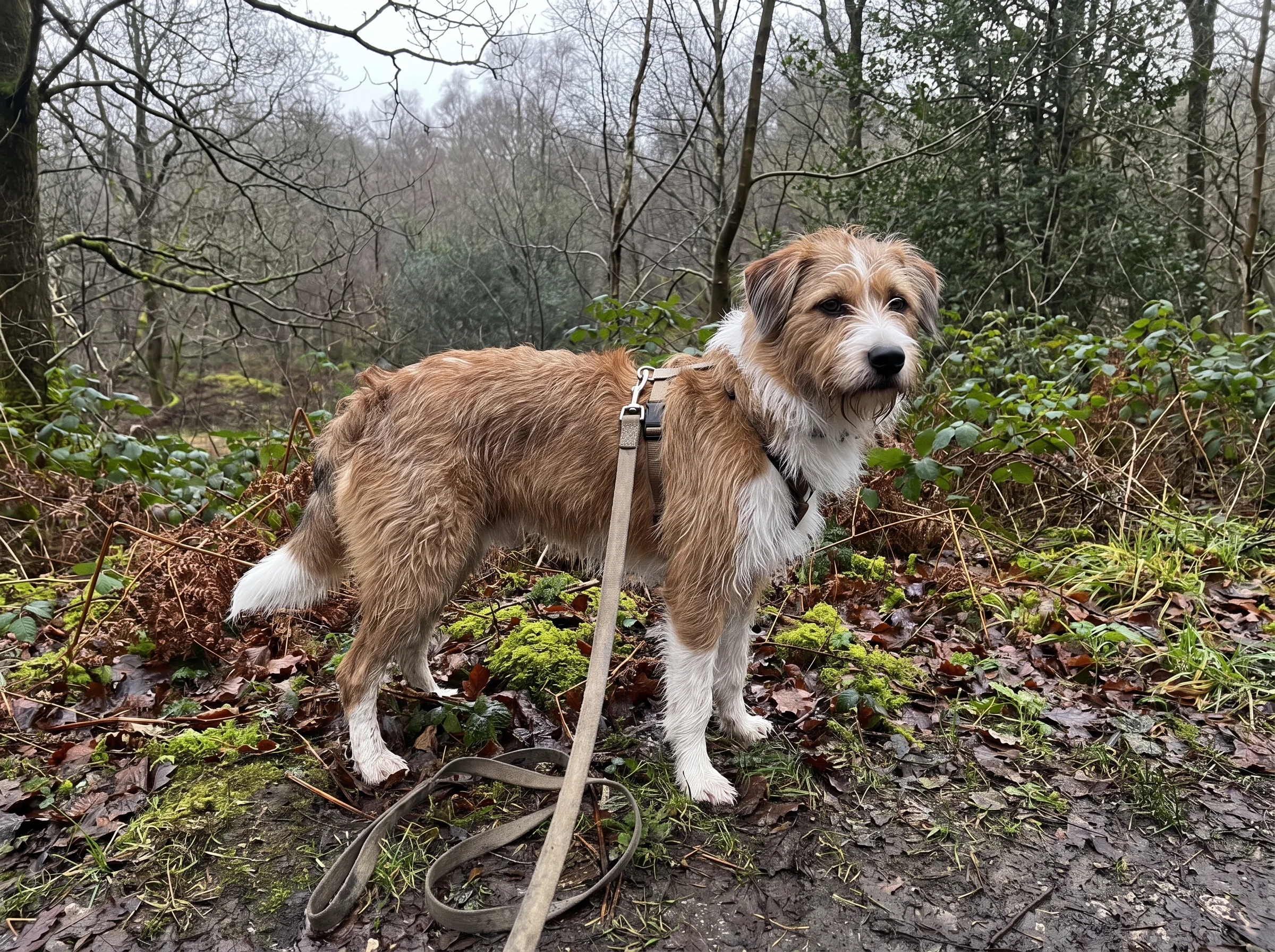 A single dog standing still at the edge of quiet woodland with its lead hanging slack