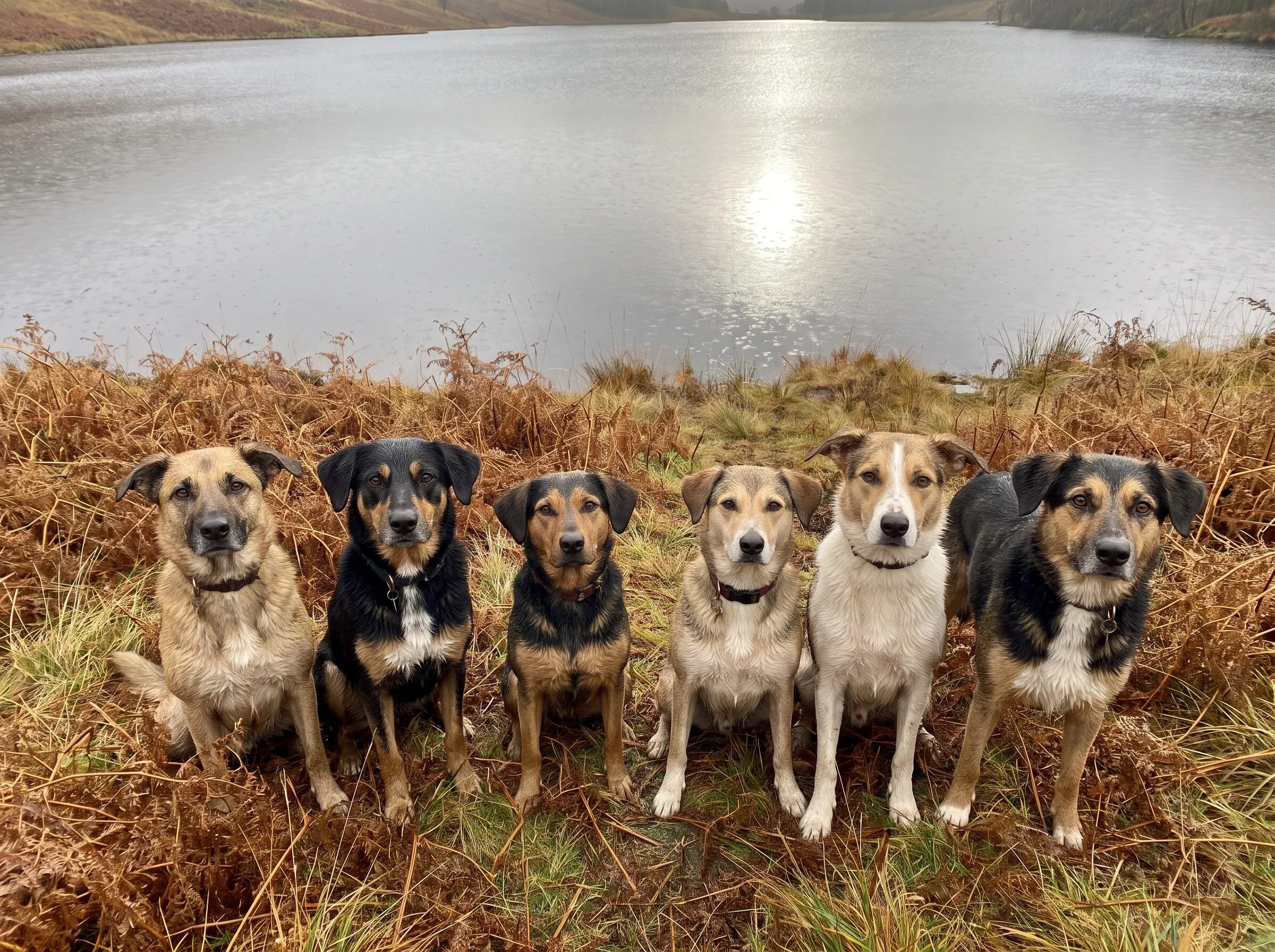 A loose row of muddy dogs in bracken all looking at the camera, with a silver strip of lake behind