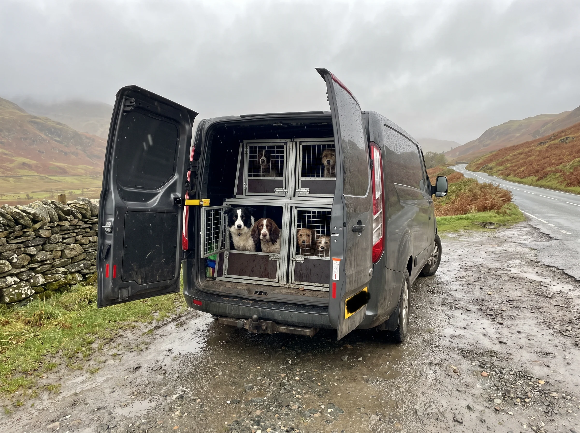 A van in a lay-by with its back doors open, dogs looking out from travel crates inside